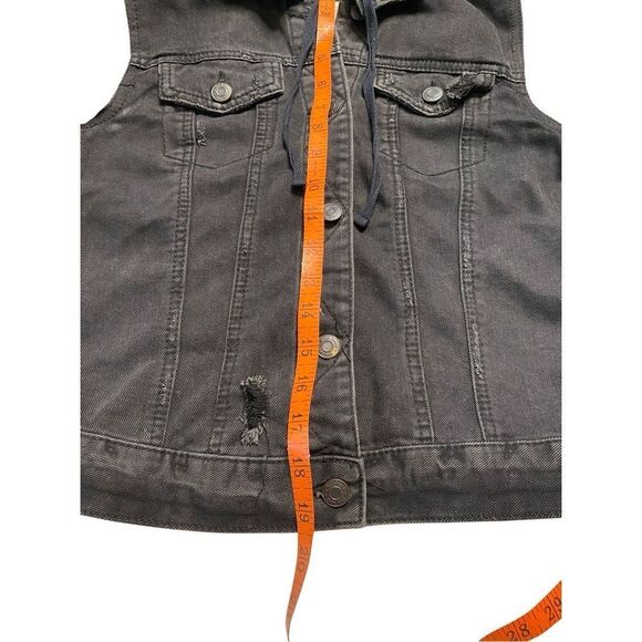 Mudd Black Denim Colorblock Hooded Jean Jacket Distressed Sweater Sleeve Grunge - Picture 14 of 15